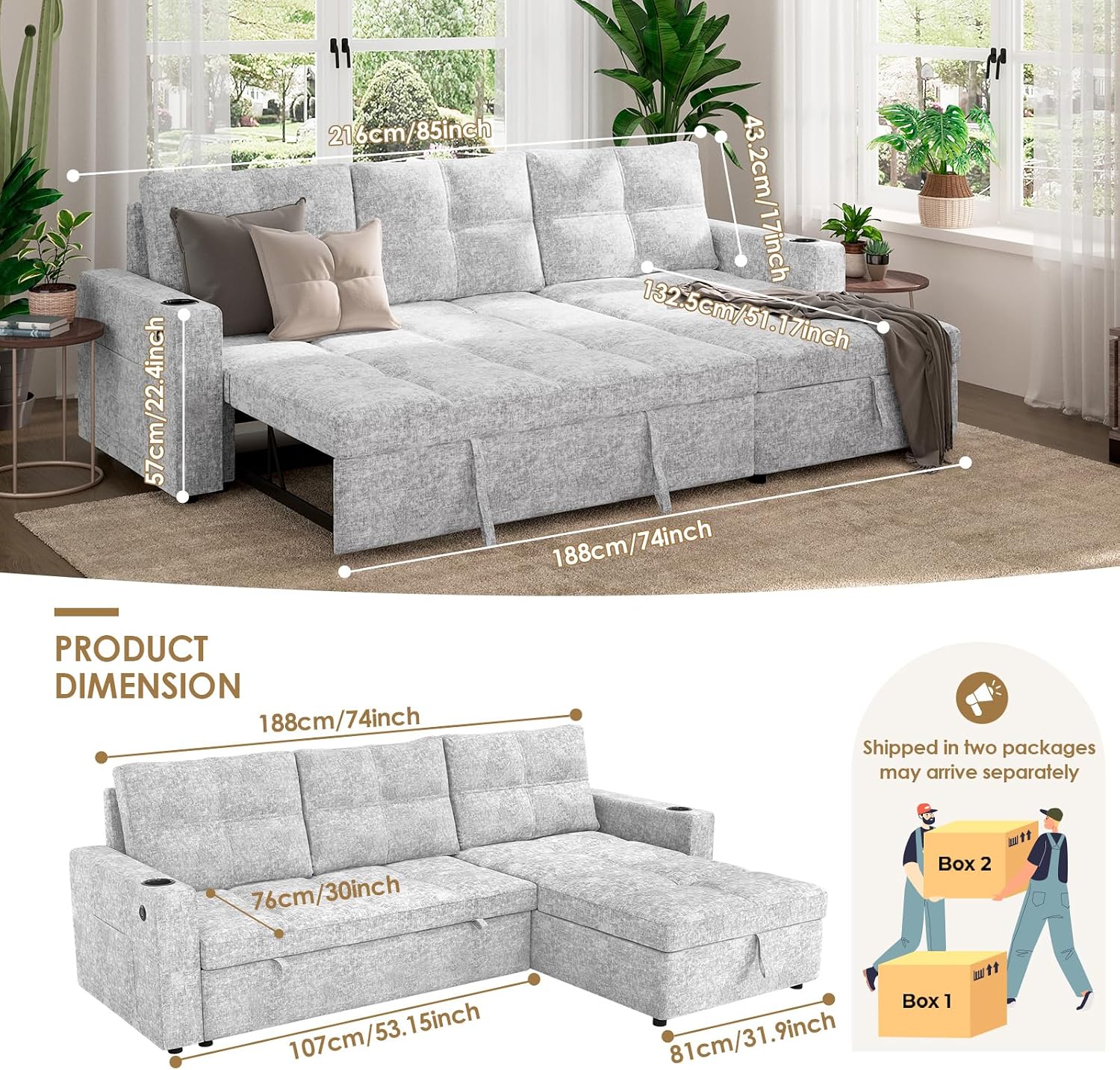 85 inch Large Sleeper Sofa Bed,L Shaped Sectional Couch Bed,2 in 1 Pull Out Couches with Convertible Storage Chaise,USB Charging,Cup Holders and Side Pockets Gray