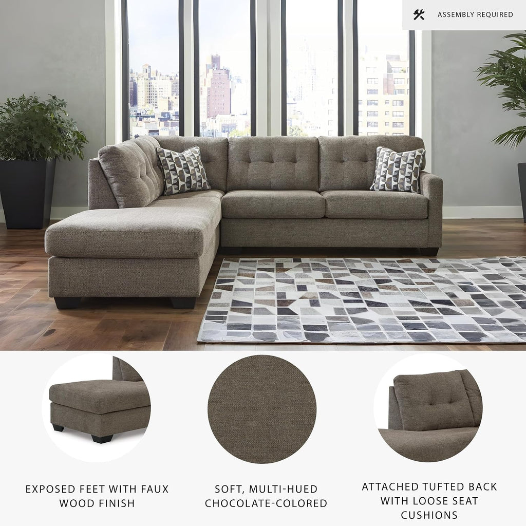 Signature Design by Ashley Mahoney Casual L-Shaped Tufted 2-Piece Sleeper Sectional with Chaise, Bi-Fold Memory Foam Mattress, Loose Seat Cushions and 2 Accent Pillows, Full, Dark Brown