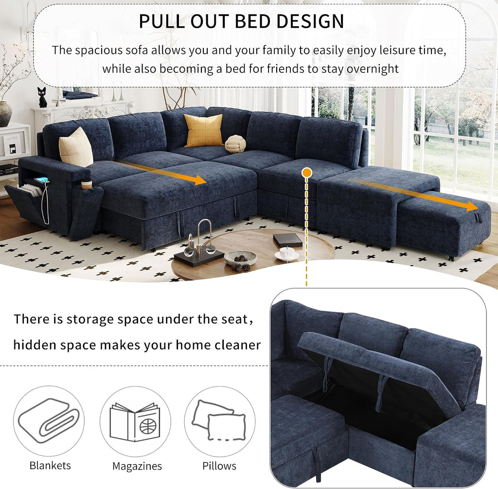 LUMISOL 90' Convertible Sleeper Sofa Bed with Pull-Out Bed & Ottoman, L-Shaped Sectional Sofa Bed with USB Ports, Cup Holders & Storage, Corner Sofa Couch with Storage Chaise for Living Room, Blue