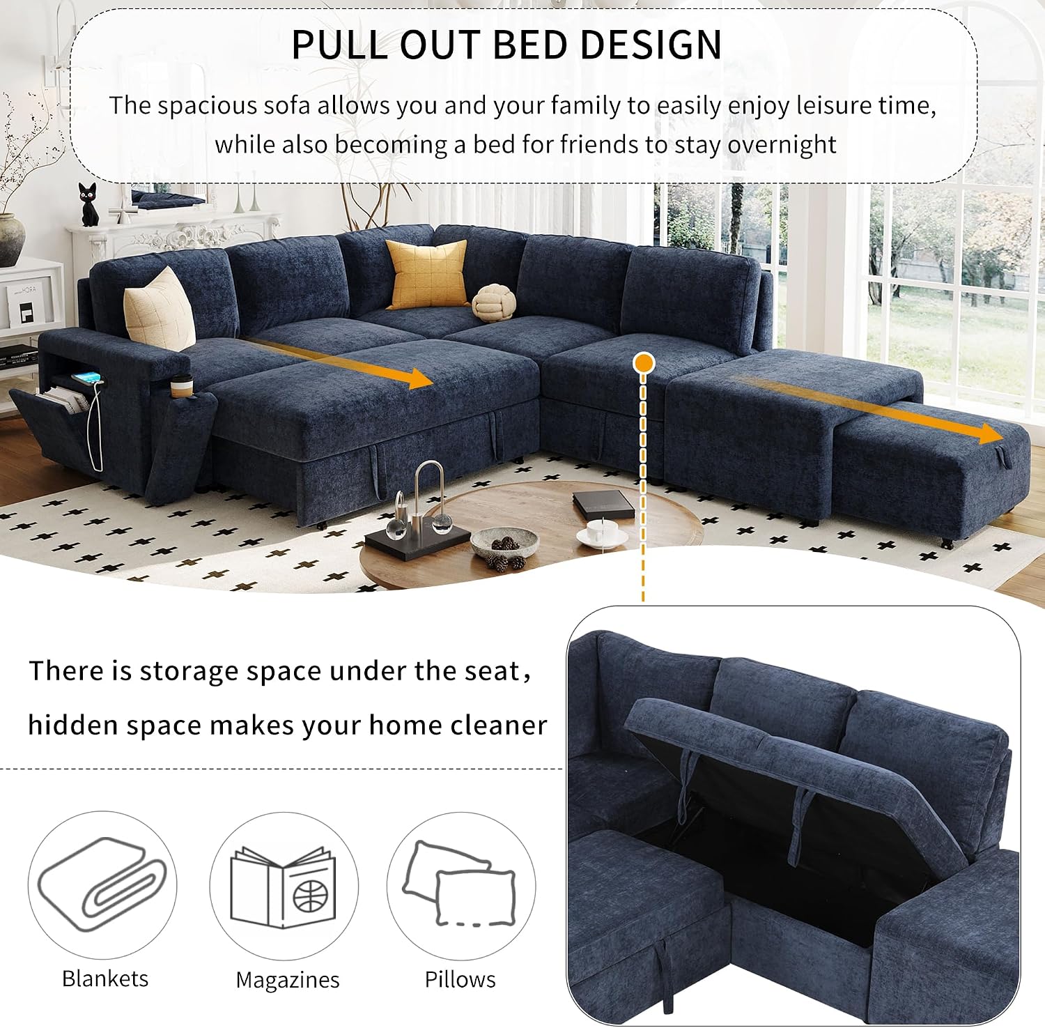 LUMISOL 90' Convertible Sleeper Sofa Bed with Pull-Out Bed & Ottoman, L-Shaped Sectional Sofa Bed with USB Ports, Cup Holders & Storage, Corner Sofa Couch with Storage Chaise for Living Room, Blue