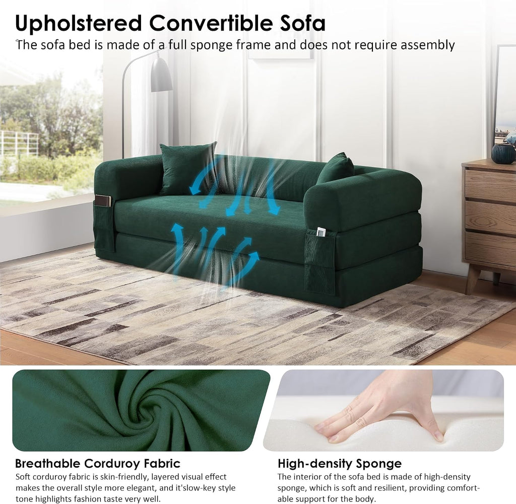 80' Convertible Sofa Bed, 3-in-1 Corduroy Folding Pull Out Couch with Pillows, No Assembly Modern Boneless Couch Compression Sofa in Box, Floor Sofa with Side Storage Pocket for Living Room,Dark Green