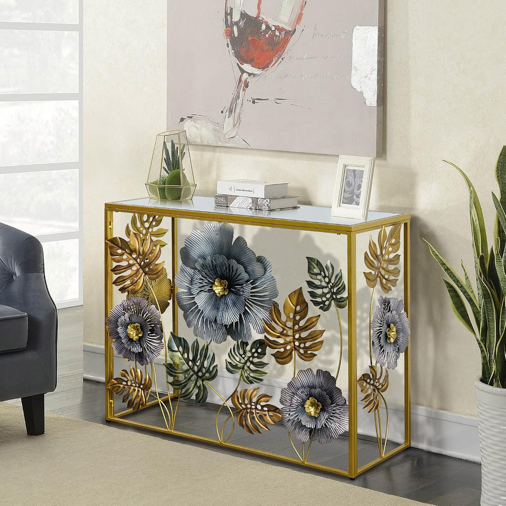 Lewahom Console Table, Vintage Art Sofa Table with Metal Flower Decor, Narrow Entryway Tables with Glass Mirror Tabletop Behind Sofa, Narrow Accent Table for Entryway Living Room Hallway Bedroom