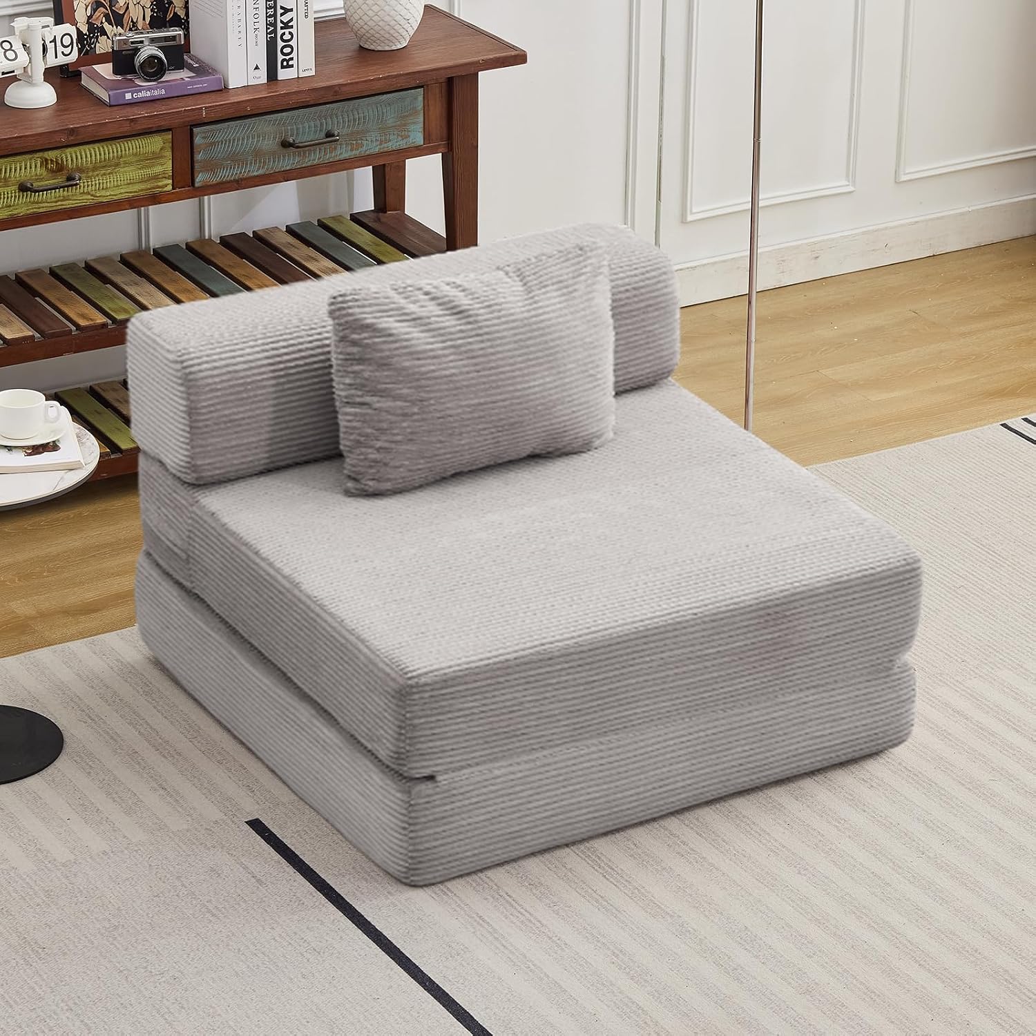 Folding Sofa Bed, Convertible Sleeper Chair with Pillow, Single Sofa with Back Support, Portable Fold Out Chair Cloud Couch Bed, Comfy Floor Sofa Lounge for Living Room Bedroom, Light Grey