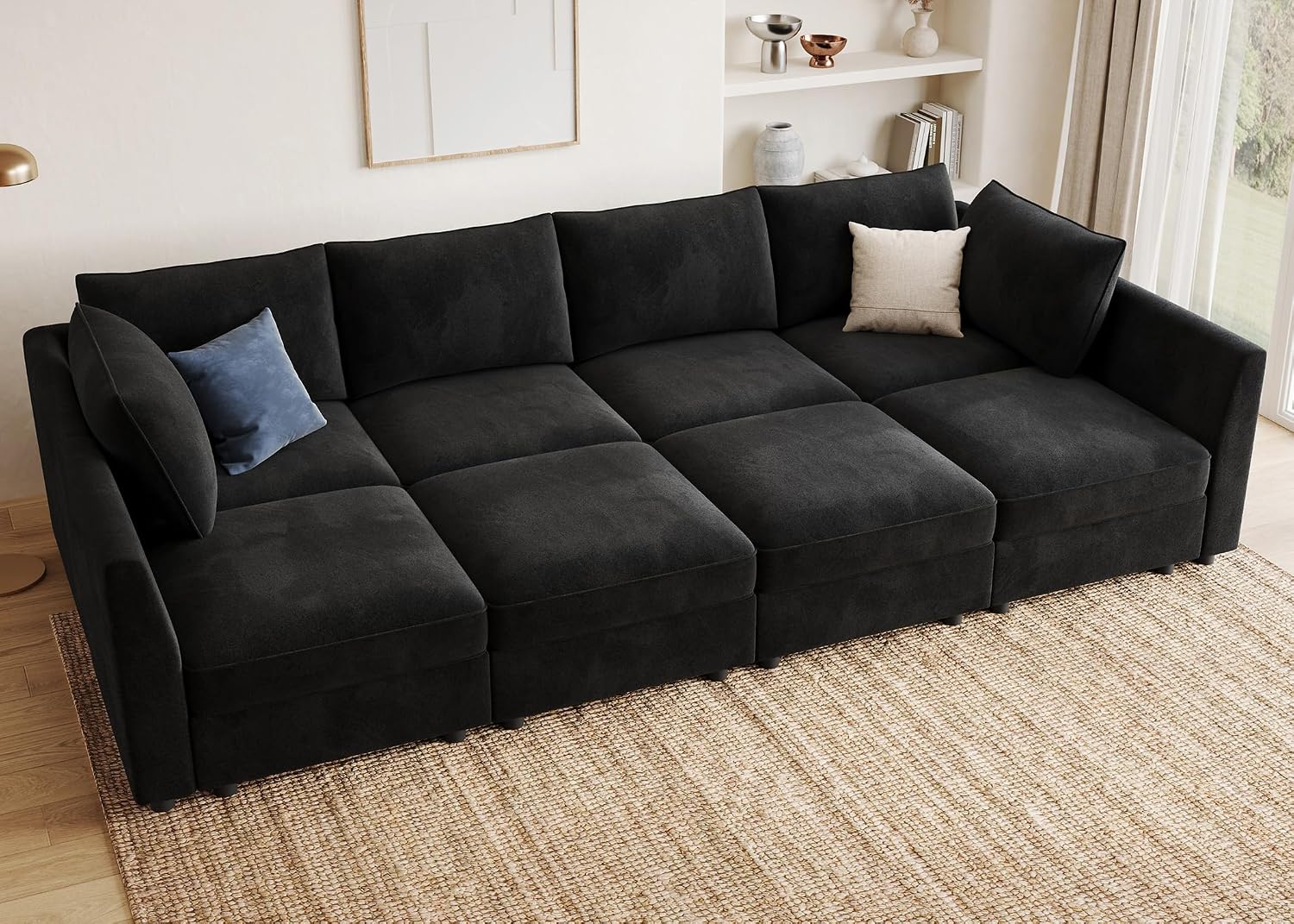 HONBAY Modular Sectional Sofa Velvet Sleeper Couch with Storage Seats Oversized Sectional Couches for Living Room,Black