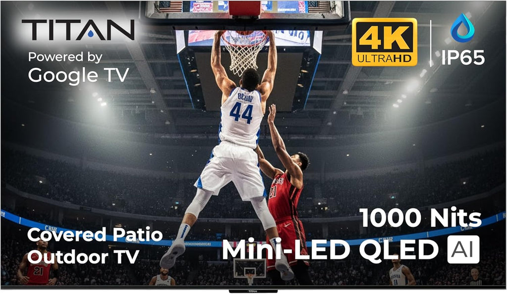 Titan G100 Mini-QLED 98 Inch Outdoor TV, Covered Patio, IP65 Smart Weatherproof TV, 4K HDR, 144 Hz, Google AI OS, 3000 Nits, Wi-Fi 5, Dolby Vision&Atmos, Onkyo, Outdoor TV Cover, Slim Bezel, 2 Yr Wty