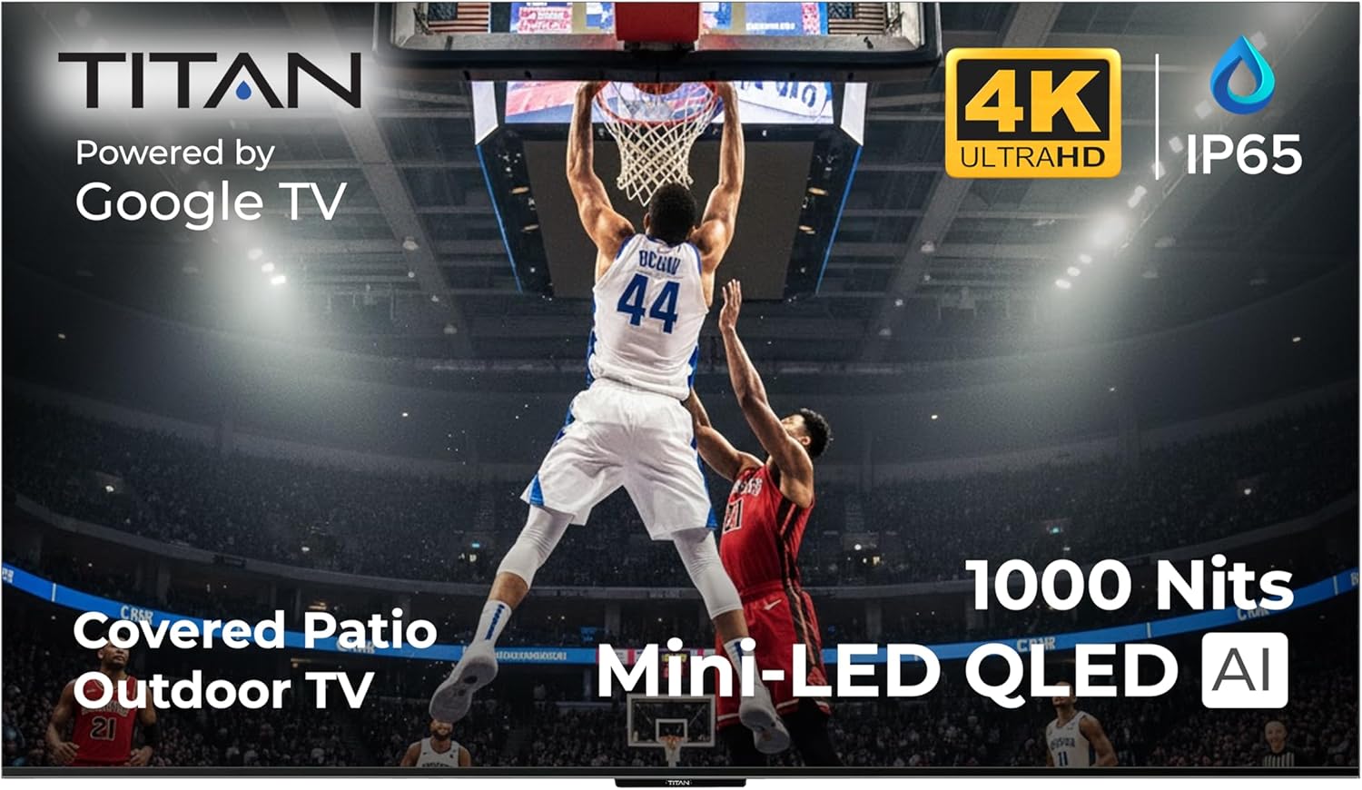 Titan G100 Mini-QLED 98 Inch Outdoor TV, Covered Patio, IP65 Smart Weatherproof TV, 4K HDR, 144 Hz, Google AI OS, 3000 Nits, Wi-Fi 5, Dolby Vision&Atmos, Onkyo, Outdoor TV Cover, Slim Bezel, 2 Yr Wty