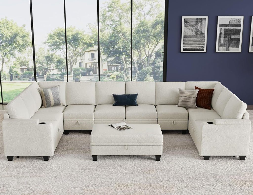 Belffin Large Modular Sectional Sleeper Sofa with Pull Out Bed Oversized U Shaped Sectional Couches for Living Room. White Couch