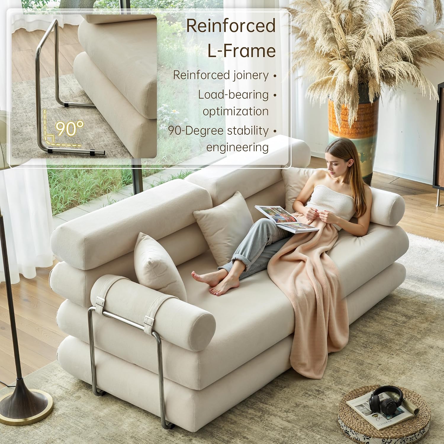 YINIX Convertible Sleeper Sofa - 35'' High-Back Floor Couch Bed - Folding Sofa Bed with Rounded Arm Supports - Floor Sofa Lounge Sofa Bed for Living Room - Beige