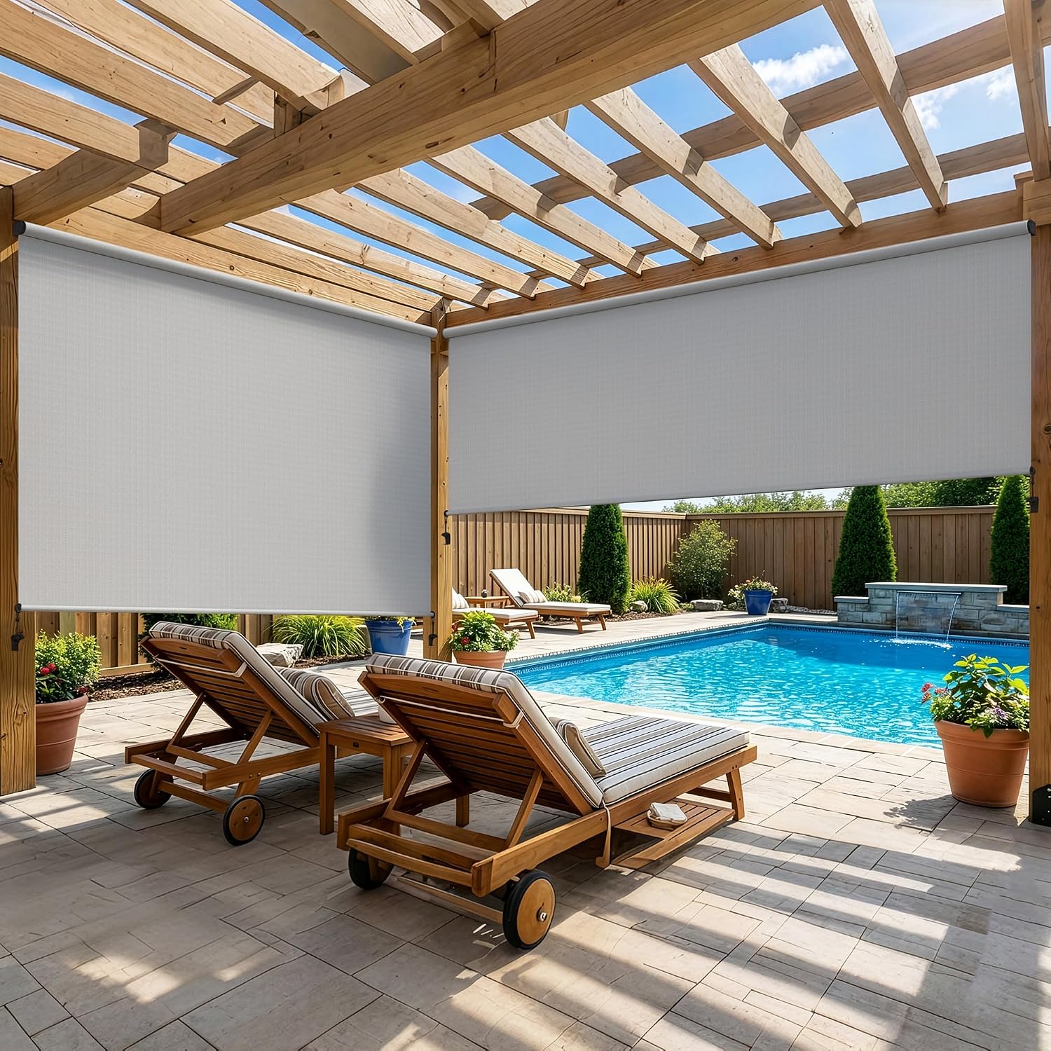Outdoor Roller Shades for Patio with New Operation Mode (with Pull Rod-No Need Crank), Upgraded Materials Outdoor Shade Roller Up with 95% UV Protection, Outdoor Blinds for Patio Proch