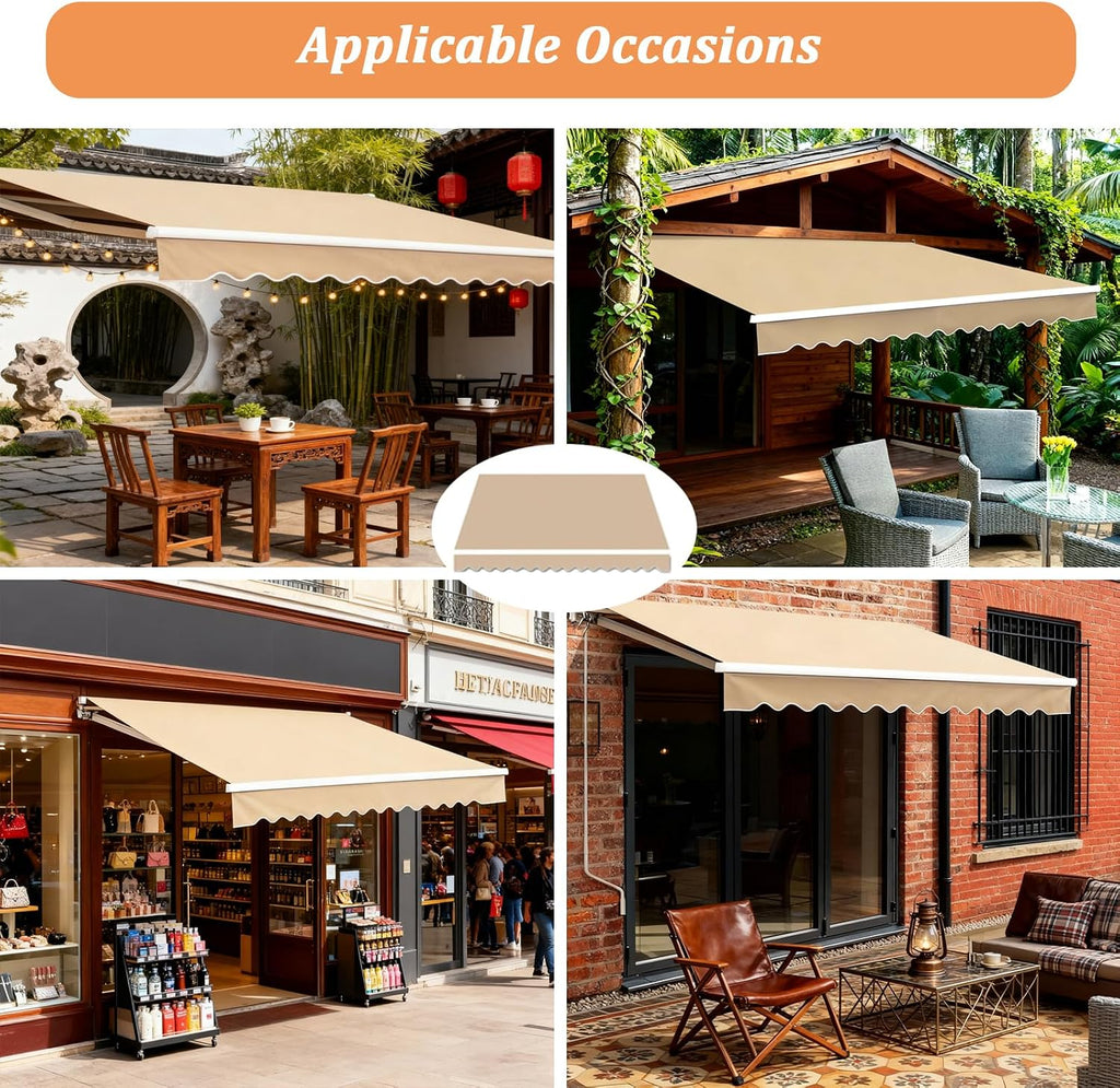 Patio Awning Fabric Replacement Retractable Awning Uv-Resistant Waterproof Polyester Canopy Cloth 6.5ft 8ft 10ft 13ft 16ft 20ft Custom Manual Sunshade Shelter Canvas(Size:14x10ft,Color:Sand)