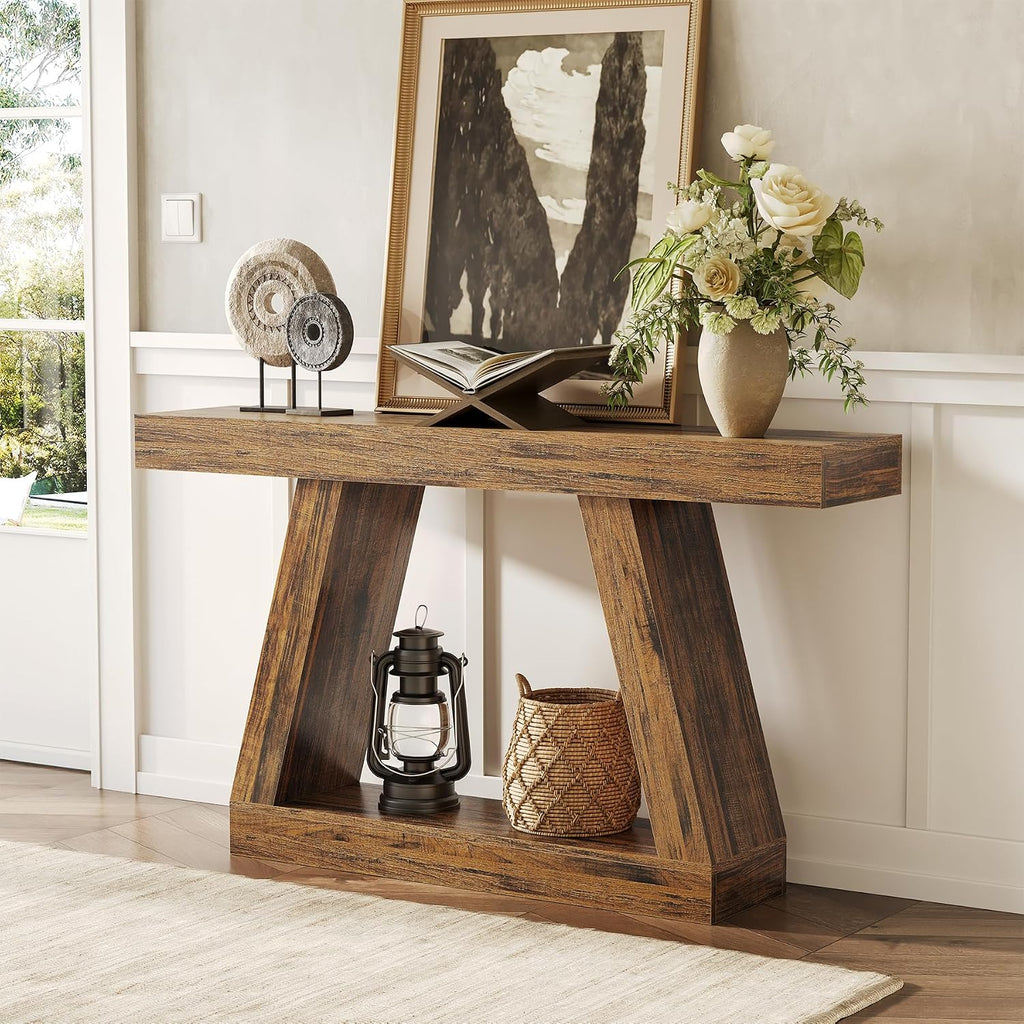 LITTLE TREE 55-Inch Sofa Table with Storage, Farmhouse Console Table for Home, Rectangular Wooden Entryway Furniture for Living Room, Bedroom, Office, Hallway, Brown