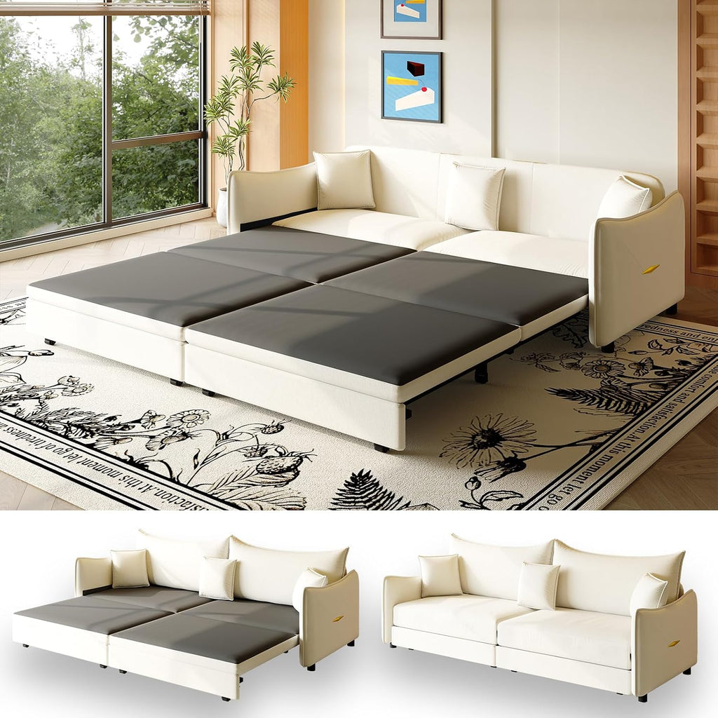 81.9' Sleeper Sofa Bed King Size, 3-in-1 Convertible Couch, Modern Pull Out Couches, Comfy Velvet Futon Sofa, Cloud Loveseat Lounge, 3 Pillows, for Small Spaces, Living Room, Gold Beige