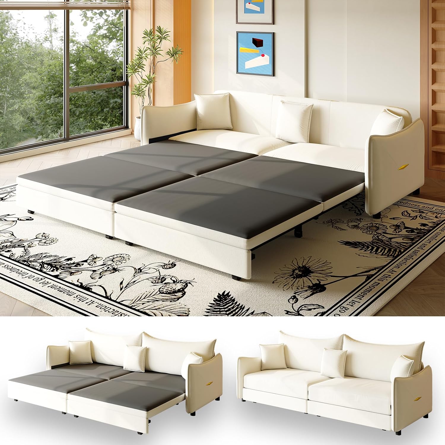 81.9' Sleeper Sofa Bed King Size, 3-in-1 Convertible Couch, Modern Pull Out Couches, Comfy Velvet Futon Sofa, Cloud Loveseat Lounge, 3 Pillows, for Small Spaces, Living Room, Gold Beige