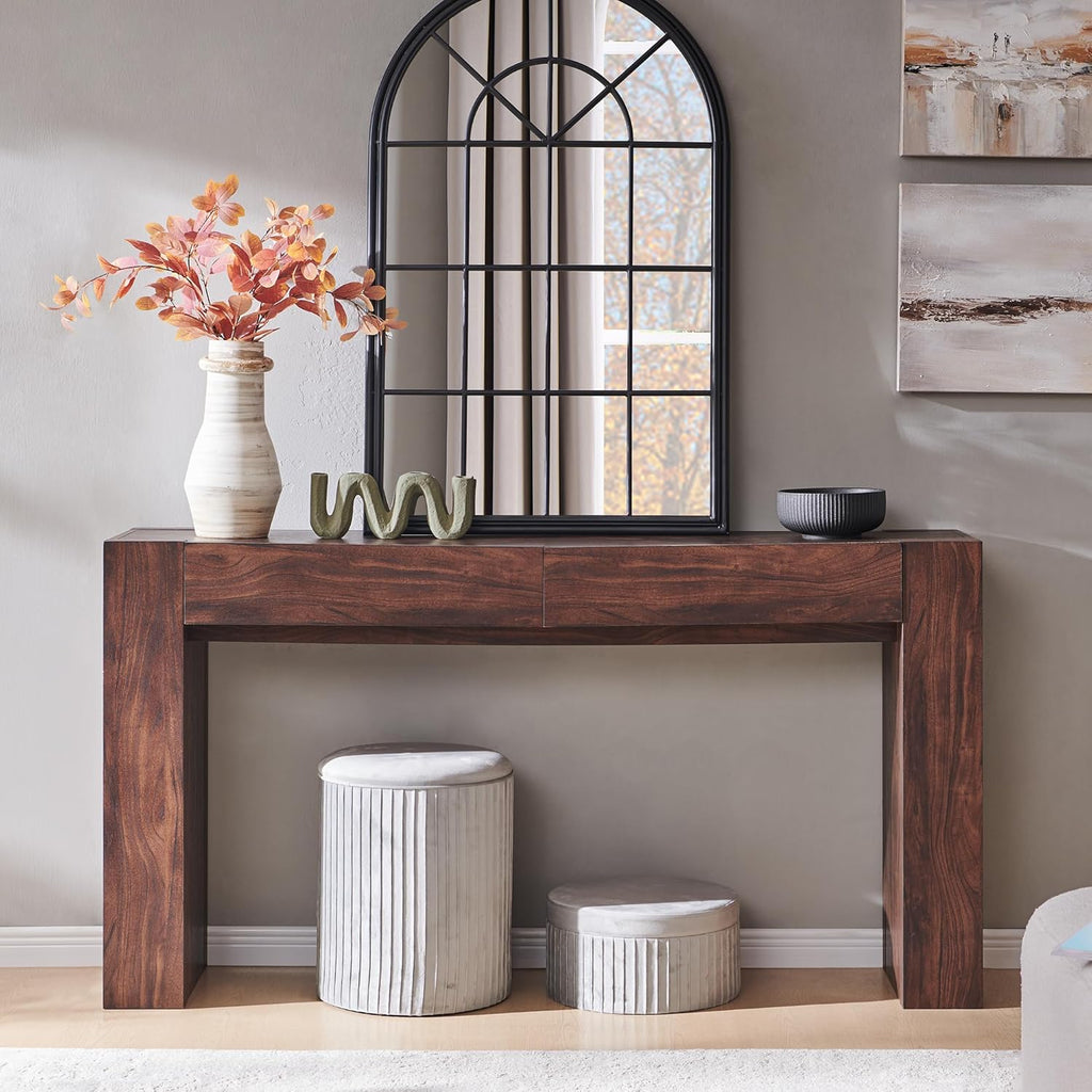 OKD Modern Entryway Console Table, Sofa Table with Drawers, 63' Long Hall Table Behind Couch, Thick Wood Design for Living Room, Hallway - Dark Walnut