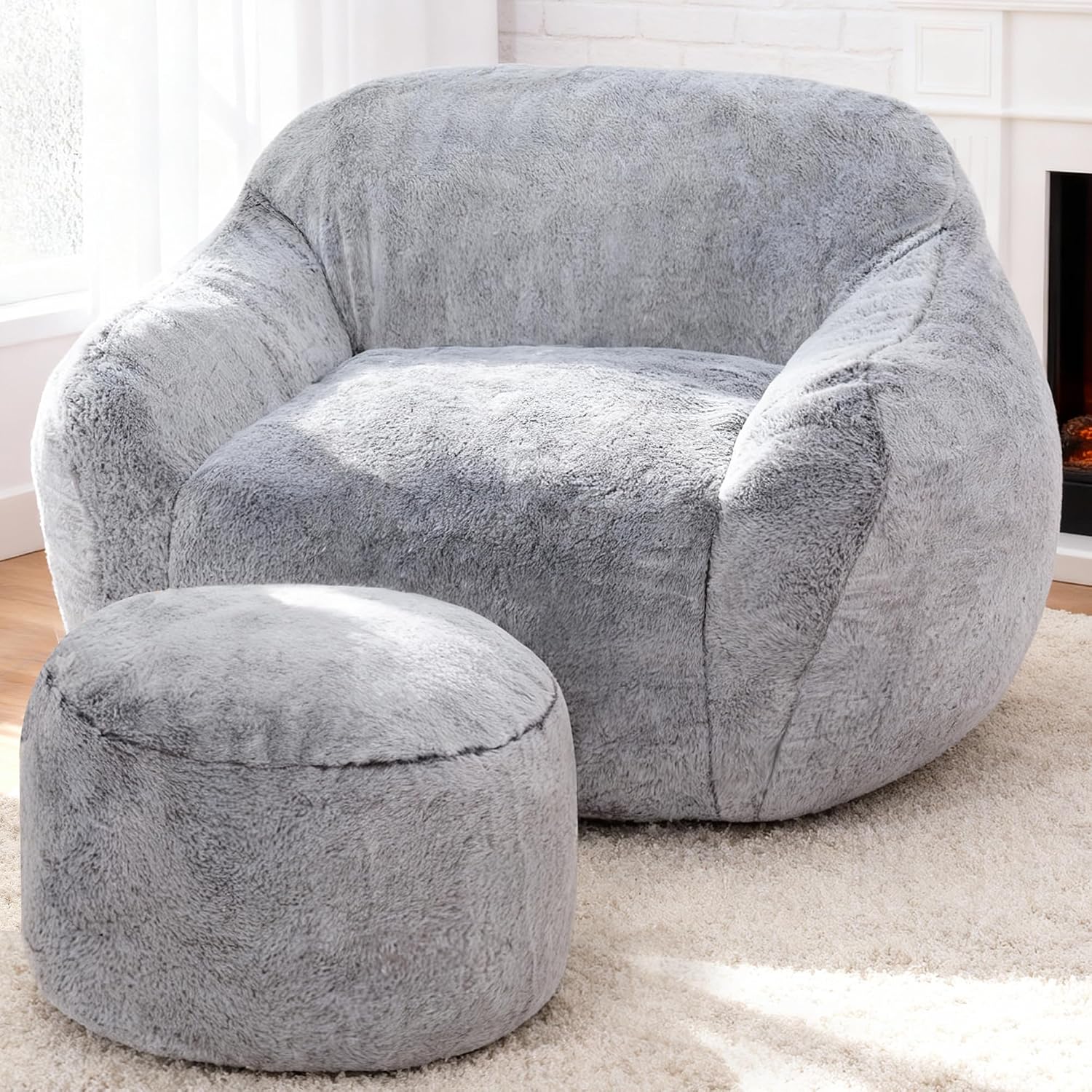 Giant Bean Bag Chair for Adults, Large Memory Foam BeanBag Chairs, Oversized Bean Bag Sofa with Filler, Faux Fur Big Reading Chair Comfy Floor Sofa Chair (Light Grey, Single with Ottoman)