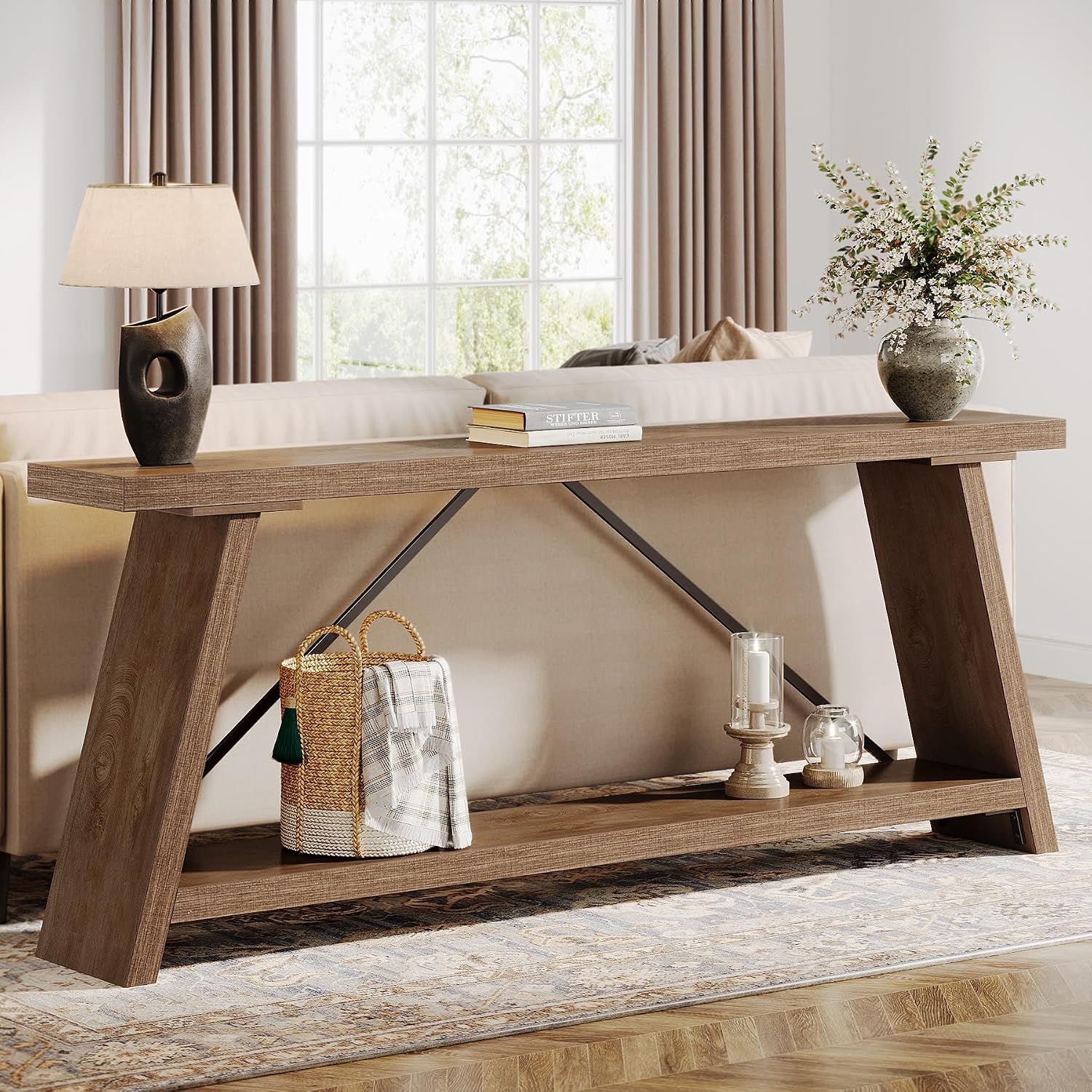 Tribesigns 70.9 Inches Extra Long Sofa Table Behind Couch, Industrial Entry Console Table with Storage for Hallway, Entryway, Living Room, Light Natural Brown