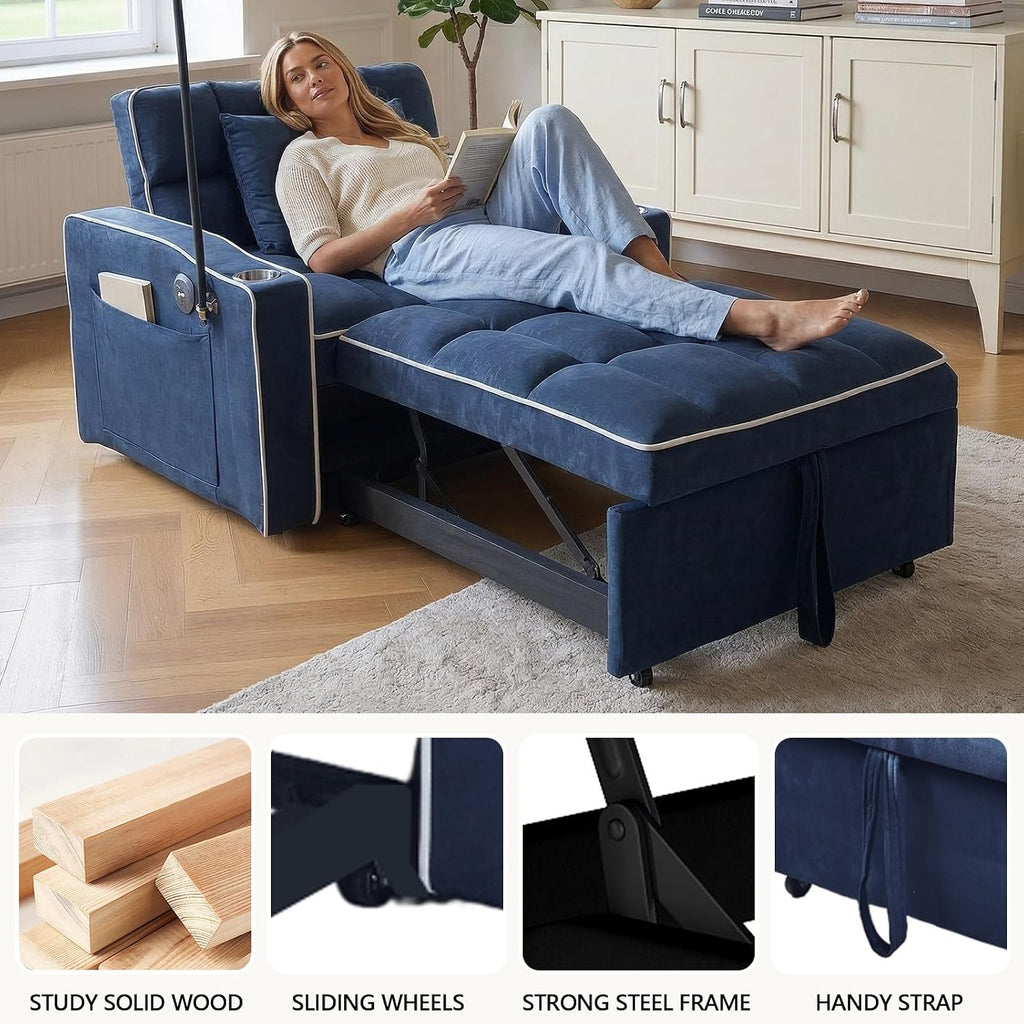 Majnesvon Modern Velvet Fabric Sofa Bed Futon,3 in 1 Convertible Pullout Bed Couches with 3 Reclining Backrests,Phone Stand,Small Sofa Single Sleeper Chair Bed for Living Room Bedroom (Blue)