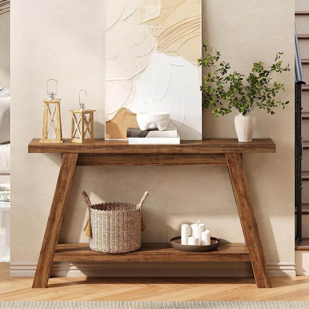 Console Table, 55-Inch Entryway Table with Storage 2-Tier Narrow Wood Console Table Behind Couch Sofa Tables for Living Room, Entryway, Hallway (Light Brown)