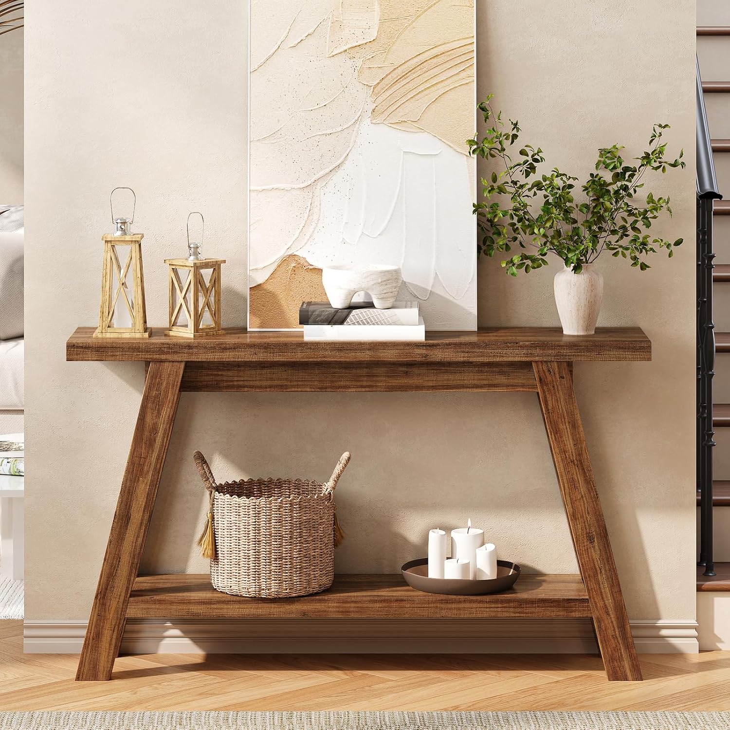 Console Table, 55-Inch Entryway Table with Storage 2-Tier Narrow Wood Console Table Behind Couch Sofa Tables for Living Room, Entryway, Hallway (Light Brown)