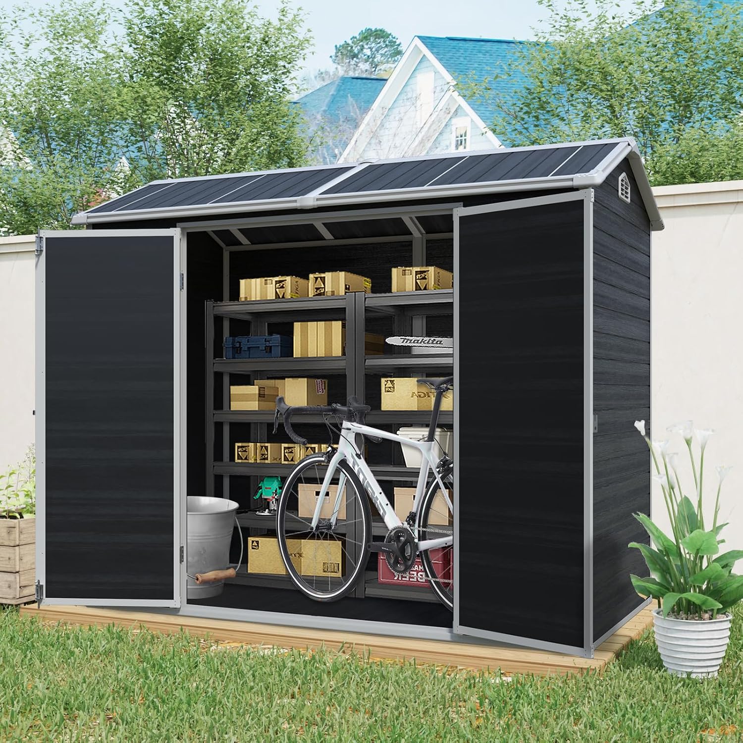KUIKUI Outdoor Storage Shed with Floor, 4x8ft Resin Storage Sheds with 2 Windows and Lockable Door for Garden Tools, Backyard, Bike, Black