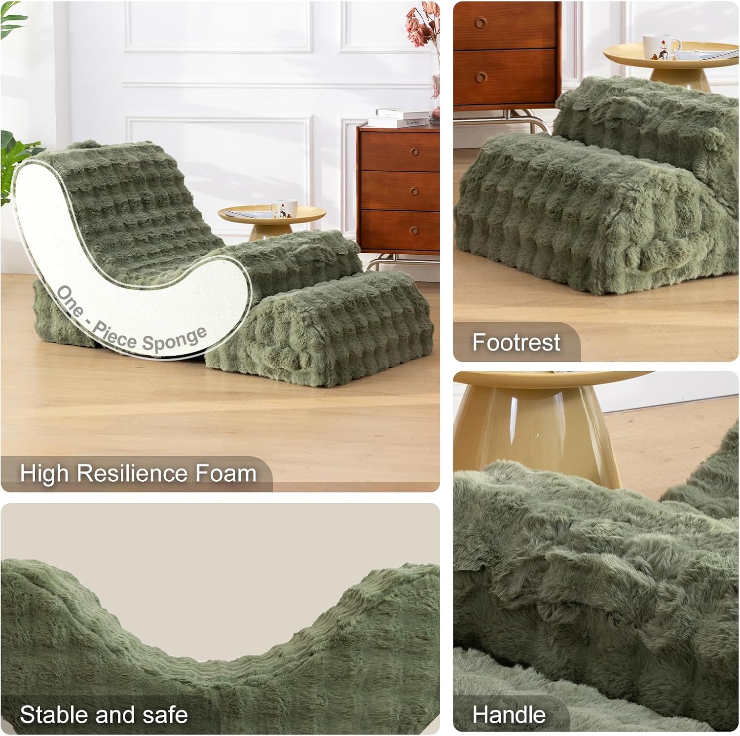 3-in-1 Adjustable Zero Gravity Floor Chair, Oversized Faux Fur Boneless Chair for Adults with Memory Foam & Washable Cover, Silent Rocker Recliner Lounge Chair for Reading, Nursing, Gaming, Green
