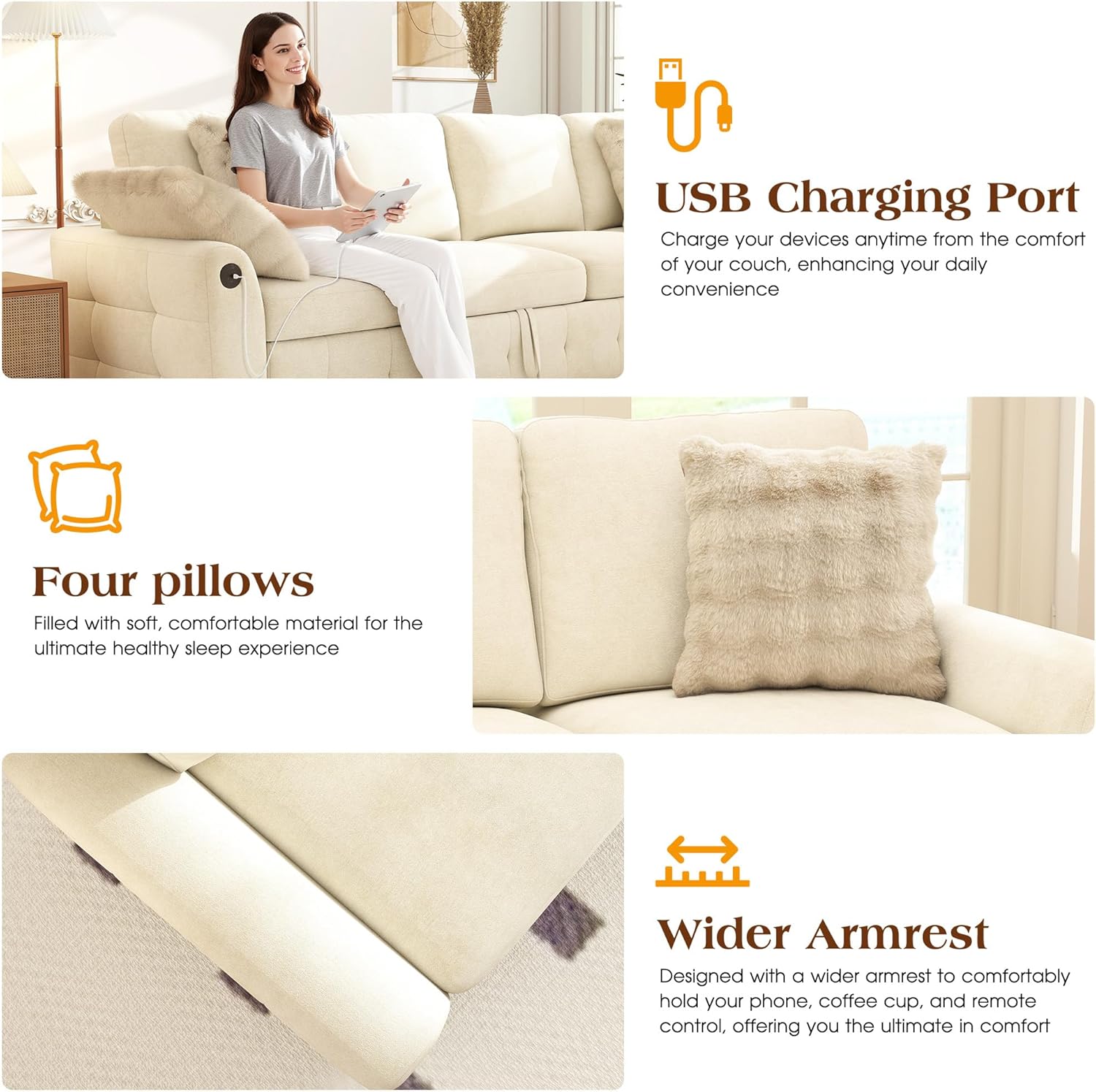 Ihanherry L-Shaped Sectional Sofa Bed with Storage, 5-Seater Convertible Pull Out Sleeper Sofa with USB Charging Ports, 4 Pillows & Wide Armrests, Chenille Fabric for Living Room, Apartment（Beige）
