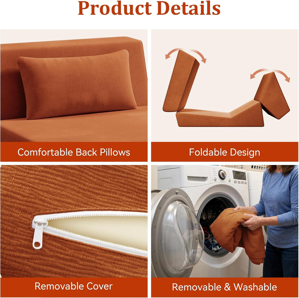 Fold Out Chair Bed, Folding Sofa Bed with High-Density Support Foam, Portable 3 in 1 Convertible Chair Bed Sleeper for Adults, Versatile Floor Couch for Living Room Bedroom, Brown | Washable Cover, With pillow, Foldable Bed Chair