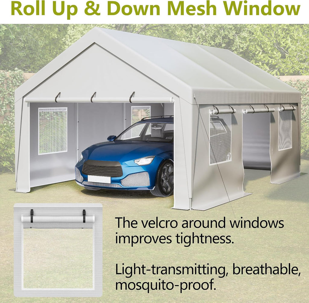 Aprilsoul Outdoor 13x20 FT Carport, Duty Canopy Storage Shed with Mesh Windows and Galvanized Steel Tube, All-Season Tarp, Wide Range of Appliaction for Car, Boat and Reunion, White