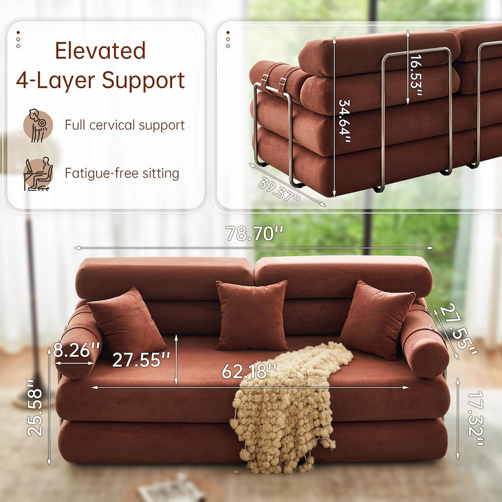 YINIX Convertible Sleeper Sofa - 35'' High-Back Floor Couch Bed - Folding Sofa Bed with Rounded Arm Supports - Floor Sofa Lounge Sofa Bed for Living Room Bedroom - Orange