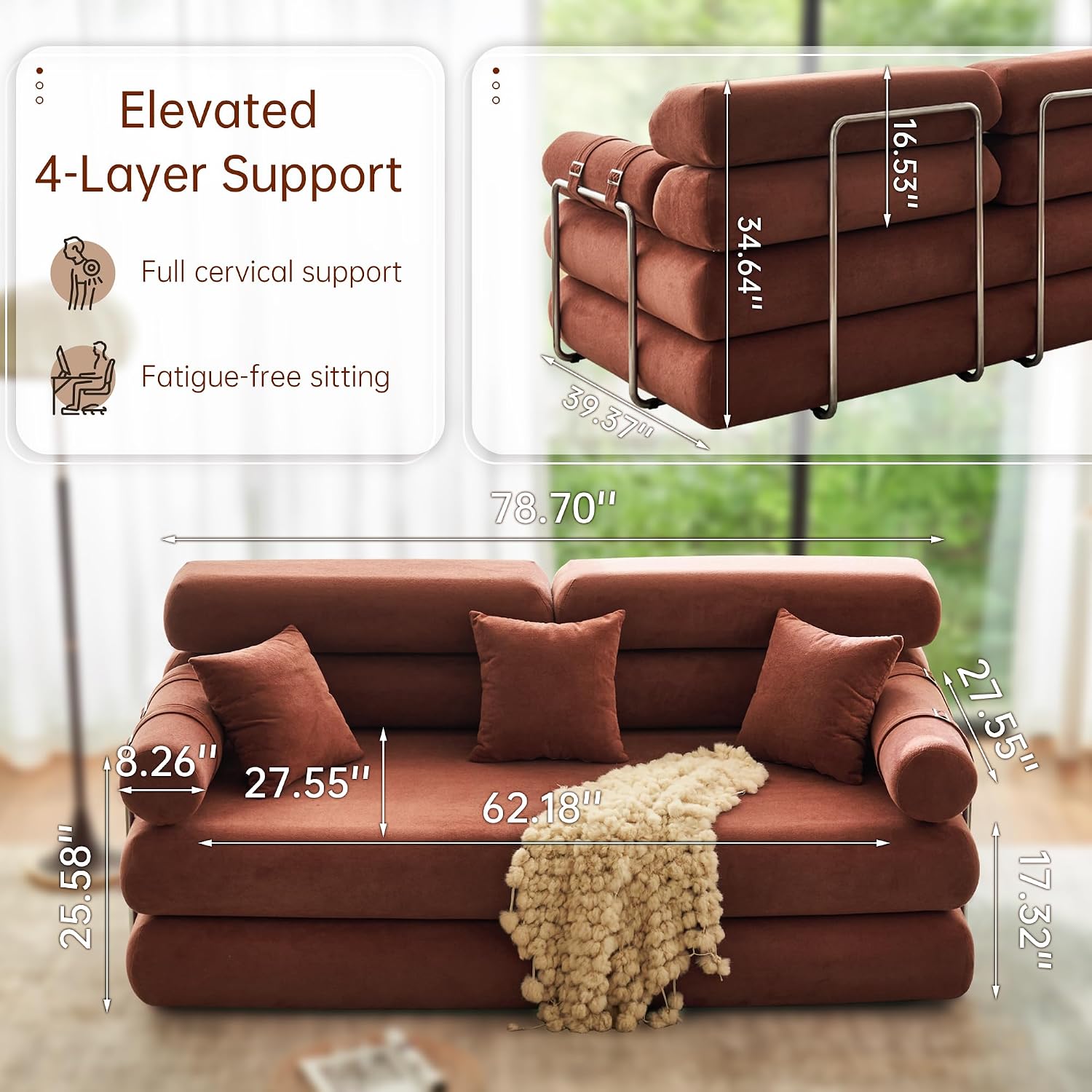 YINIX Convertible Sleeper Sofa - 35'' High-Back Floor Couch Bed - Folding Sofa Bed with Rounded Arm Supports - Floor Sofa Lounge Sofa Bed for Living Room Bedroom - Orange