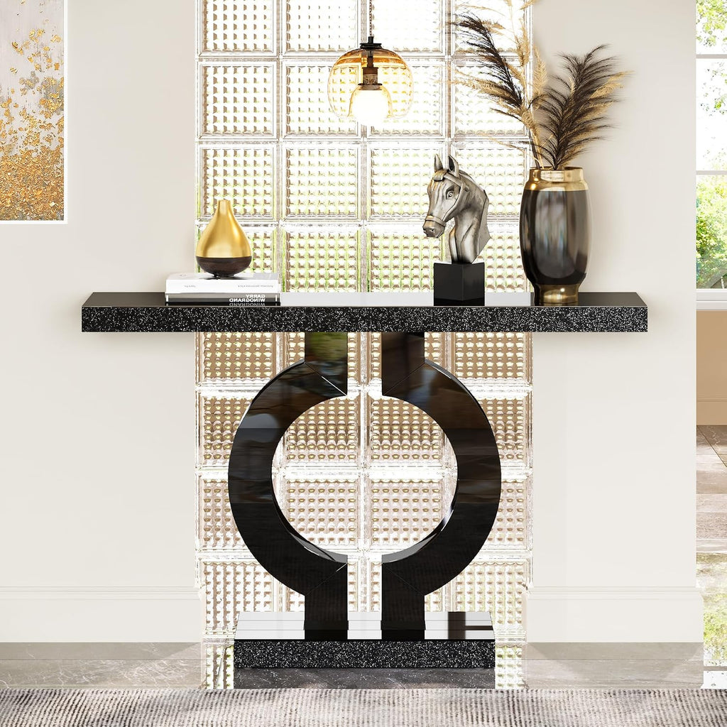 Tribesigns Modern Mirrored Console Table, Glass Sofa Table with Mirror Finish, 43-Inch Entryway Table with O-Shaped Base, Rectangular Accent Foyer Table for Living Room Hallway Entrance (Black)