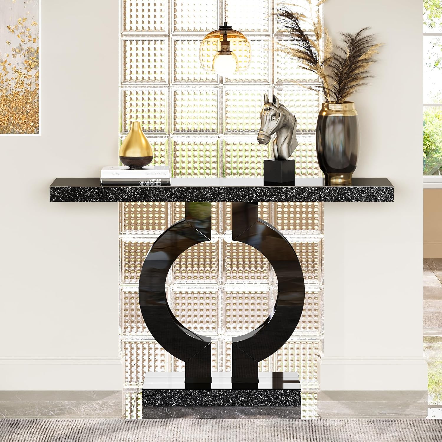 Tribesigns Modern Mirrored Console Table, Glass Sofa Table with Mirror Finish, 43-Inch Entryway Table with O-Shaped Base, Rectangular Accent Foyer Table for Living Room Hallway Entrance (Black)