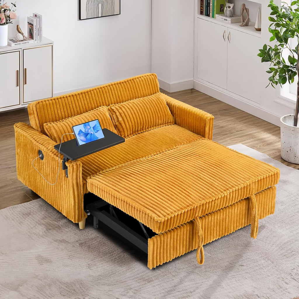 54'W Convertible Sleeper Sofa Bed,3-In-1 Corduroy Pull Out Couch Bed,Futon Loveseat Sleeper Couch with Adjustable Backrest & USB Port & Side Table,Recliner for Living Room/Office/Small Space(Yellow)
