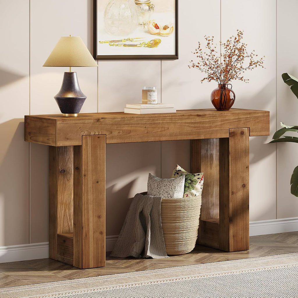 Tribesigns 55-Inch Long Console Table, Solid Wood Rectangular Sofa Table Behind The Couch, Farmhouse Entryway Table for Entrance, Hallway, Living Room (Solid Wood, Warm Brown)