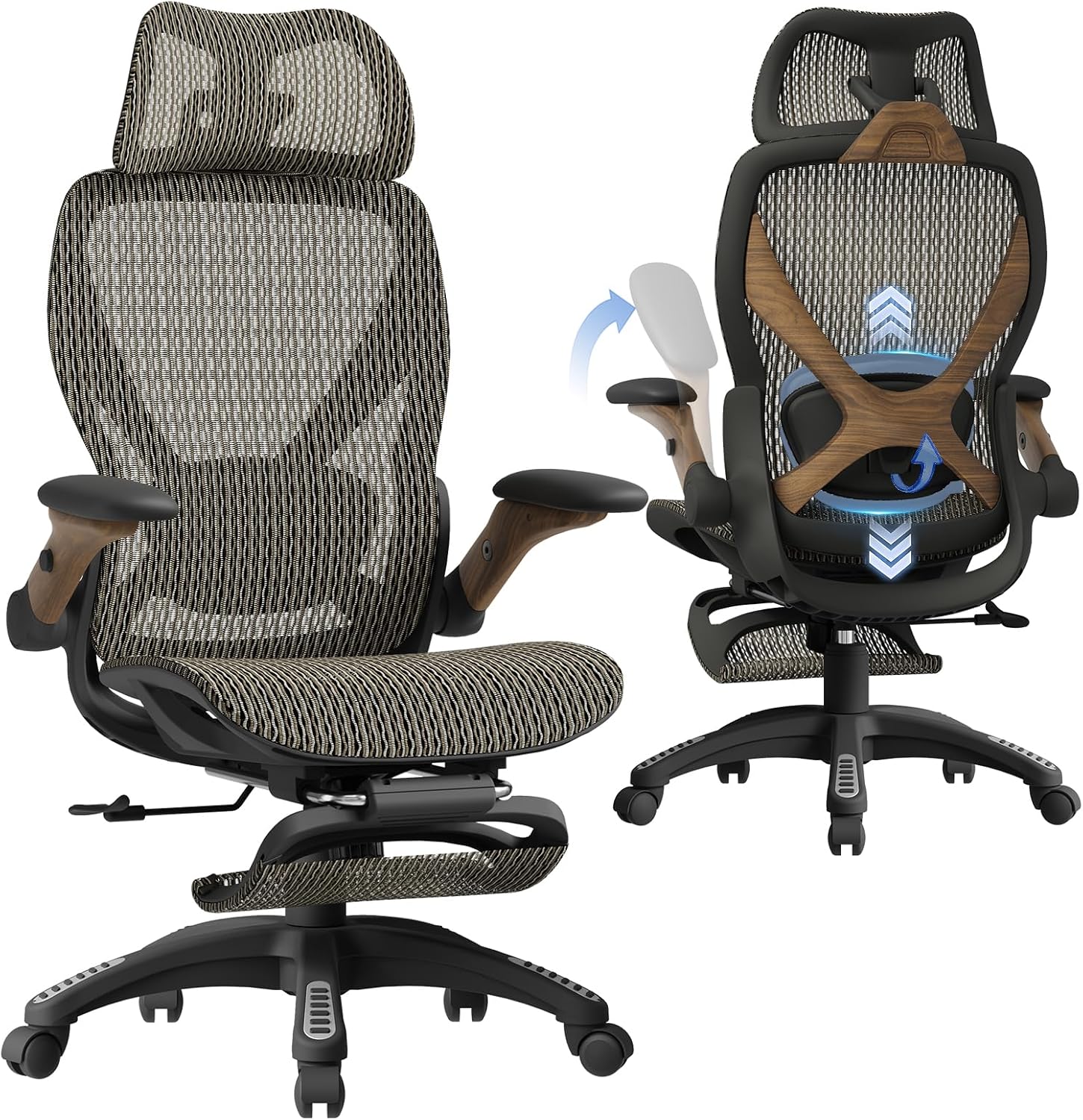 ELABEST X100 Ergonomic Office Chair with Footrest, Big and Tall Home Desk Chair with 5D Flip-Up Arms, Adjustable 3D Lumbar Support,High Back Rolling Computer Chair, Swivel Mesh Chairs (Coffee Break)
