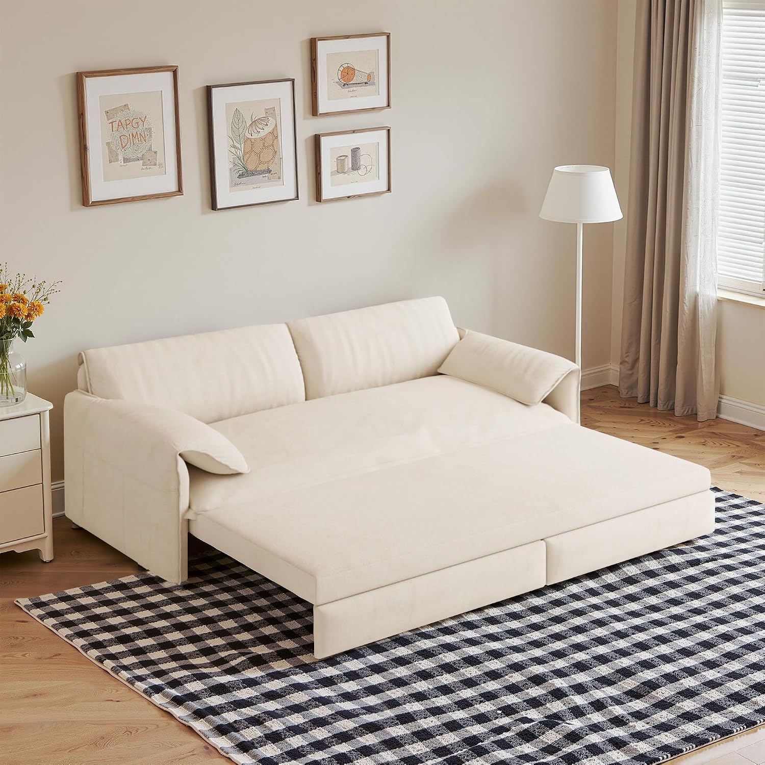 Casaphoria 66 Inch Pull Out Sleeper Sofa Beds, 3 in 1 Velvet Convertible Sofa Bed Couch, Loveseat Sofa Couch Bed with Side Pockets for Apartment, Bedroom, Living Room, Queen Size Beige