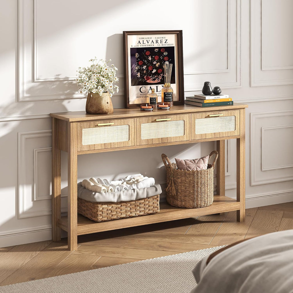 ELYKEN 51.2' Entryway Table with 3 Rattan Drawers, Boho Console Table Narrow with Storage, Long Sofa Table for Behind Couch Entry Hallway, Entrance, Living Room, Oak Brown