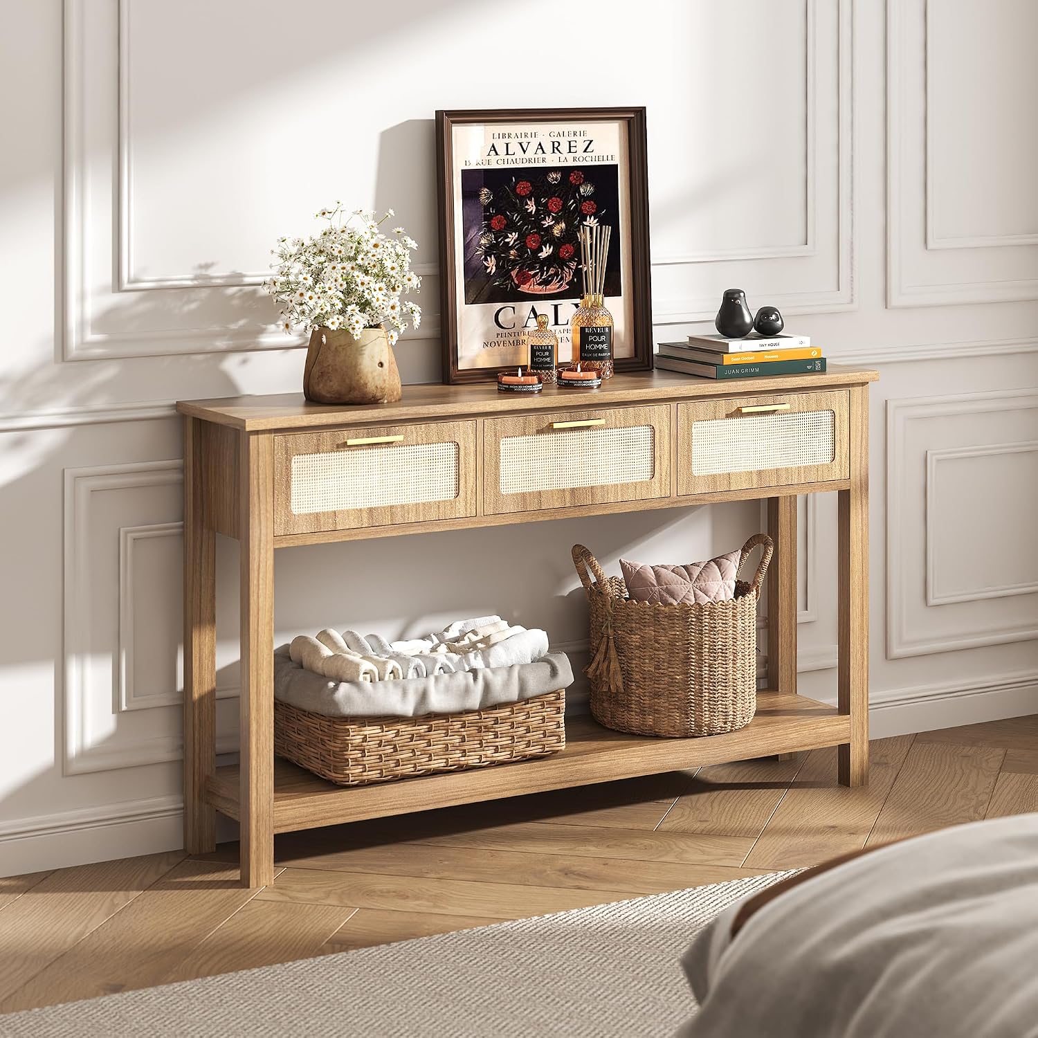 ELYKEN 51.2' Entryway Table with 3 Rattan Drawers, Boho Console Table Narrow with Storage, Long Sofa Table for Behind Couch Entry Hallway, Entrance, Living Room, Oak Brown