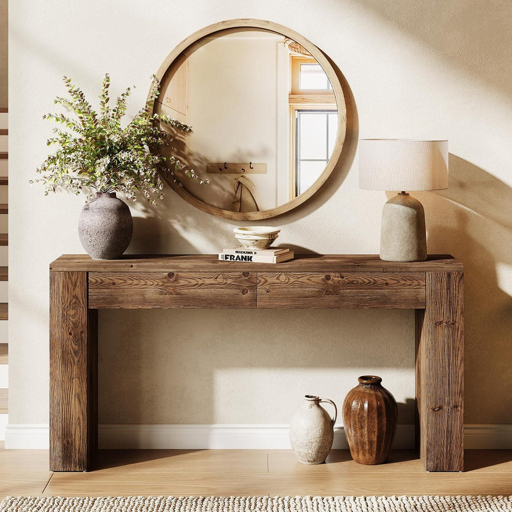 LITTLE TREE Sofa Table with 2 Drawers, 63 Inches Extra Long Console Table, Solid Wood Sofa Table Behind Couch, Large Entryway Hallway Foyer Tables for Living Room, Entrance, Rustic Brown