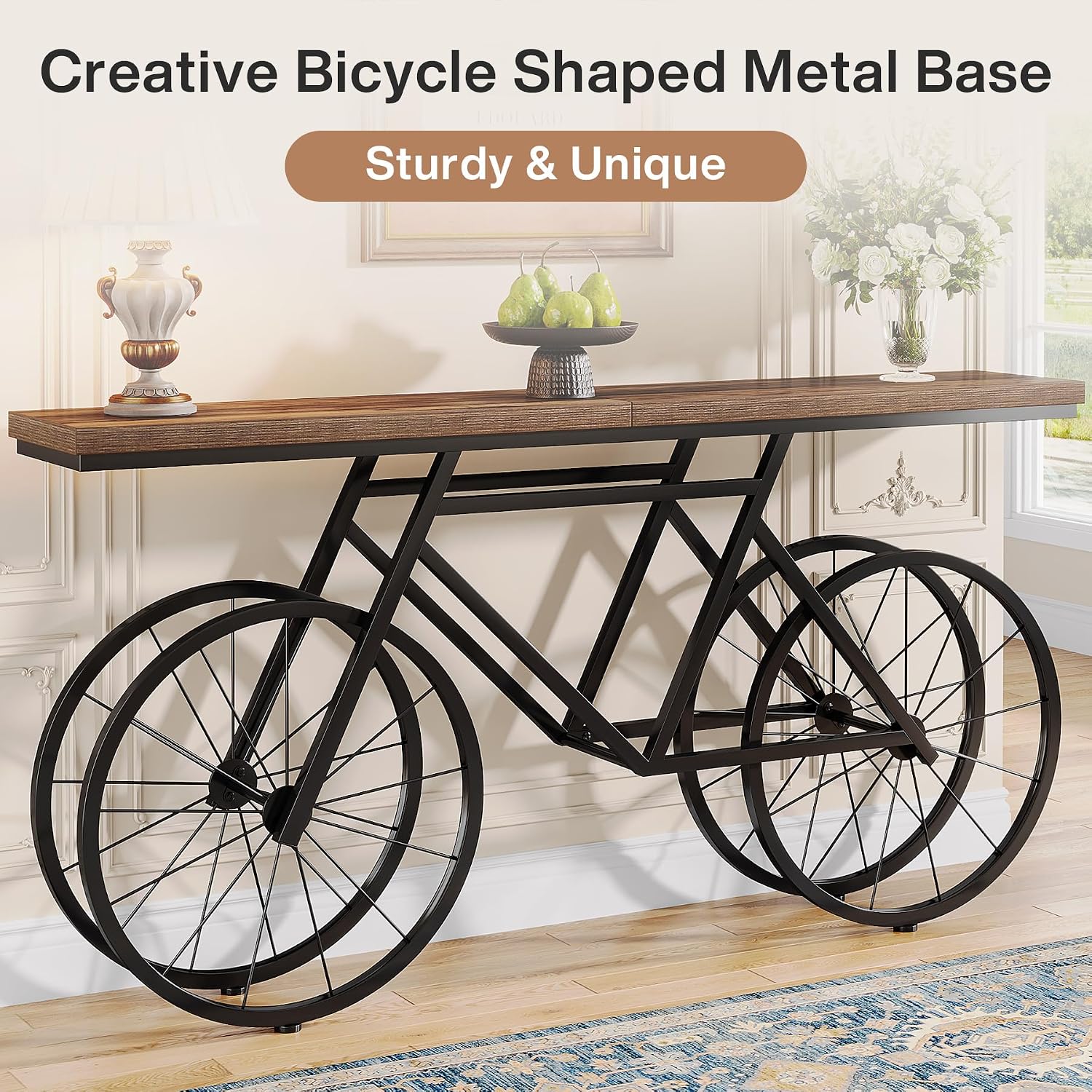 Tribesigns 70.9-Inch Extra Long Console Table, Narrow Sofa Table with Bicycle Metal Base, Modern Industrial Entryway Table Behind Couch Table for Living Room, Hallway, Entrance, Foyer, Rustic Brown
