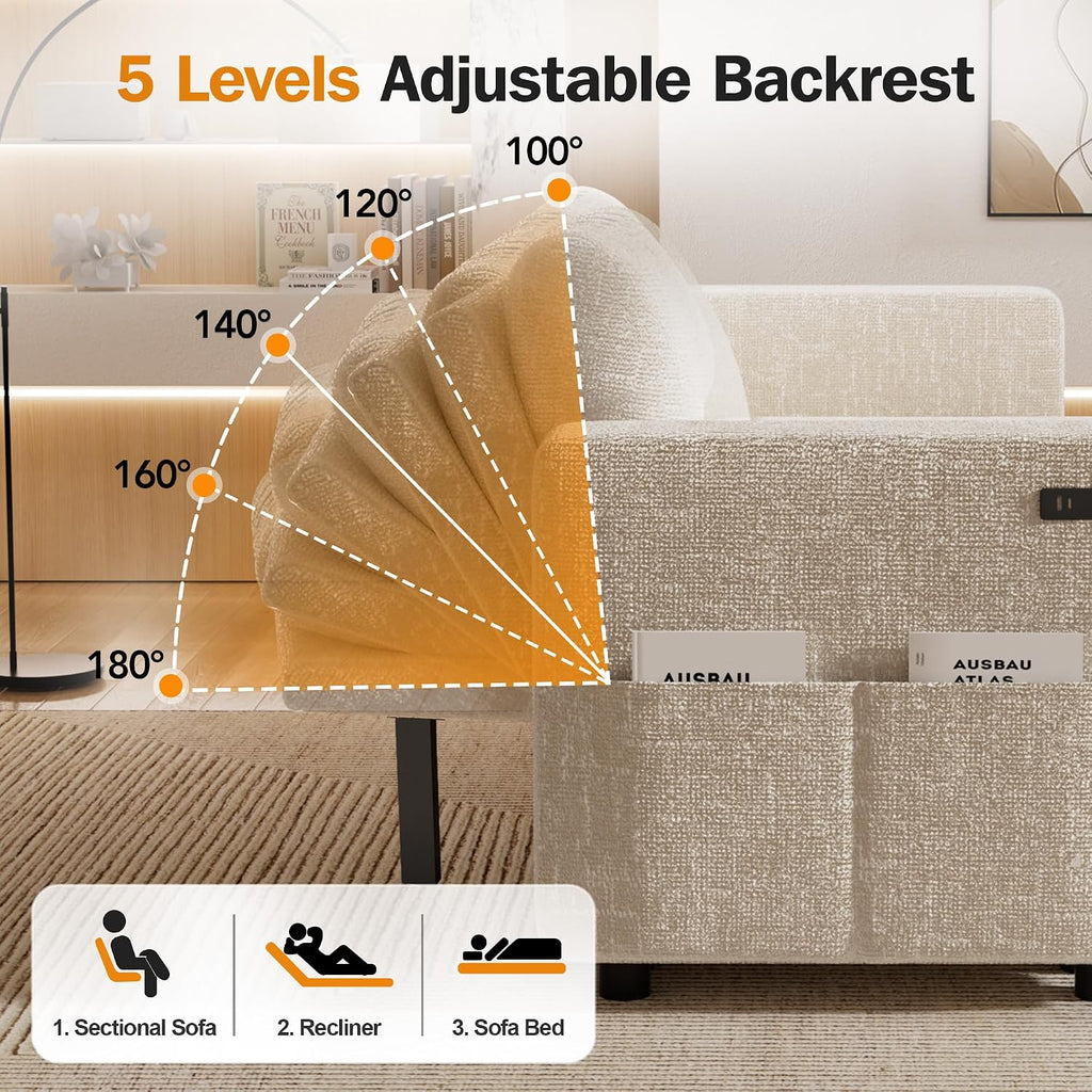 Vipbear 106' Sectional Sleeper Sofa with Pull Out Bed, U Shaped Couch Sleeper Sofa Bed, Pull Out Couch with Reclining Backrest, Double Storage Chaise, USB Ports, Tool-Free Assembly, Chenille Beige