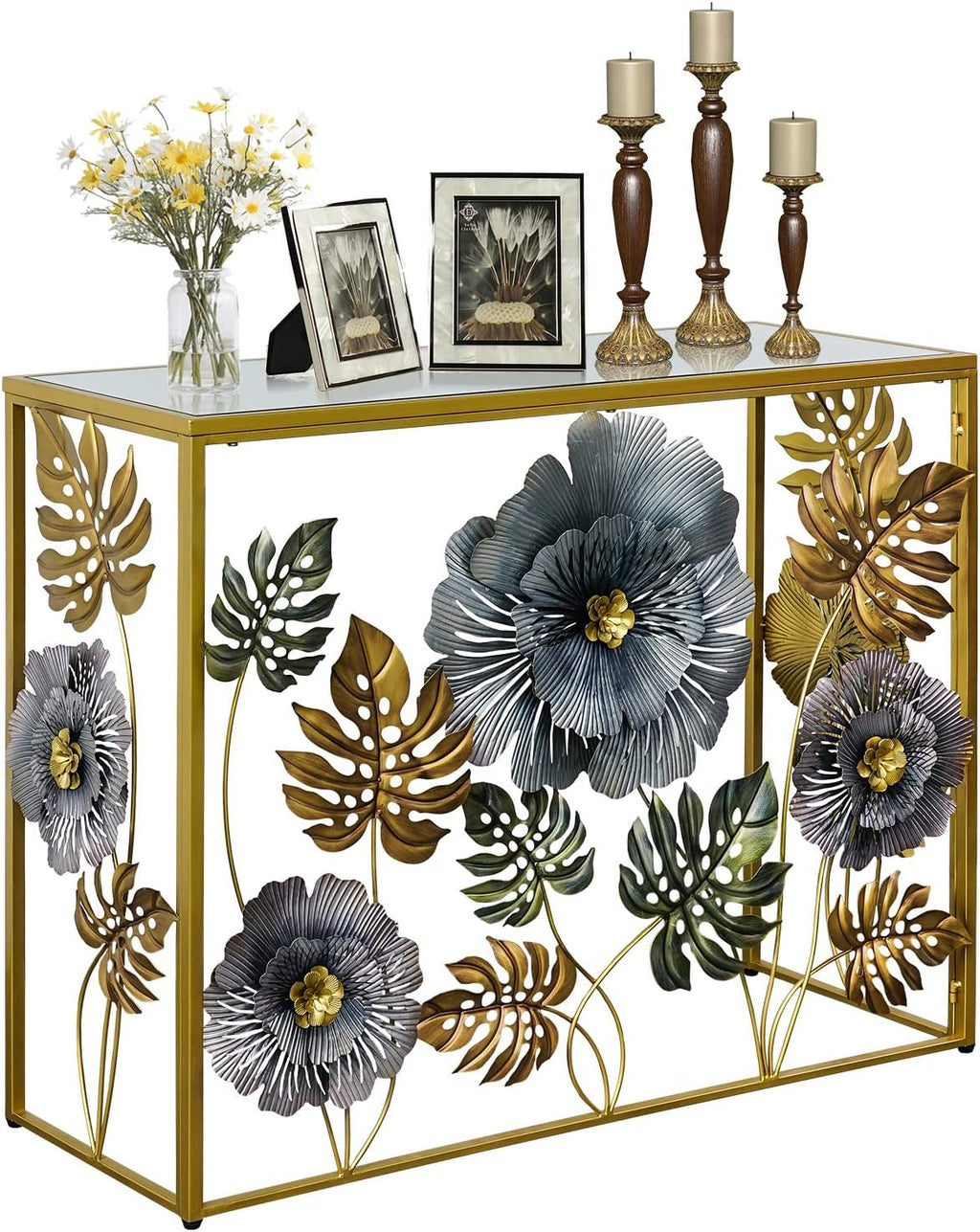 Lewahom Console Table, Vintage Art Sofa Table with Metal Flower Decor, Narrow Entryway Tables with Glass Mirror Tabletop Behind Sofa, Narrow Accent Table for Entryway Living Room Hallway Bedroom