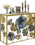 Lewahom Console Table, Vintage Art Sofa Table with Metal Flower Decor, Narrow Entryway Tables with Glass Mirror Tabletop Behind Sofa, Narrow Accent Table for Entryway Living Room Hallway Bedroom