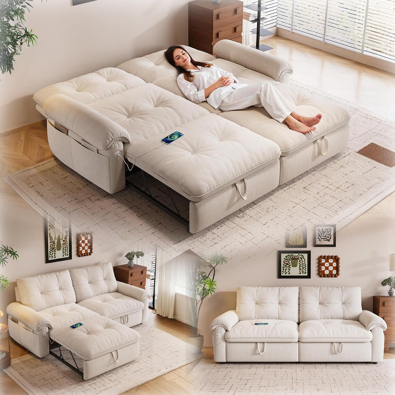 77' Queen Size Sofa Bed, Loveseat Sleeper Sofa with Pull Out Bed, Pockets and USB, Modern 2 Seater Convertible Small Couch for Living Room Bedroom Apartment, Beige