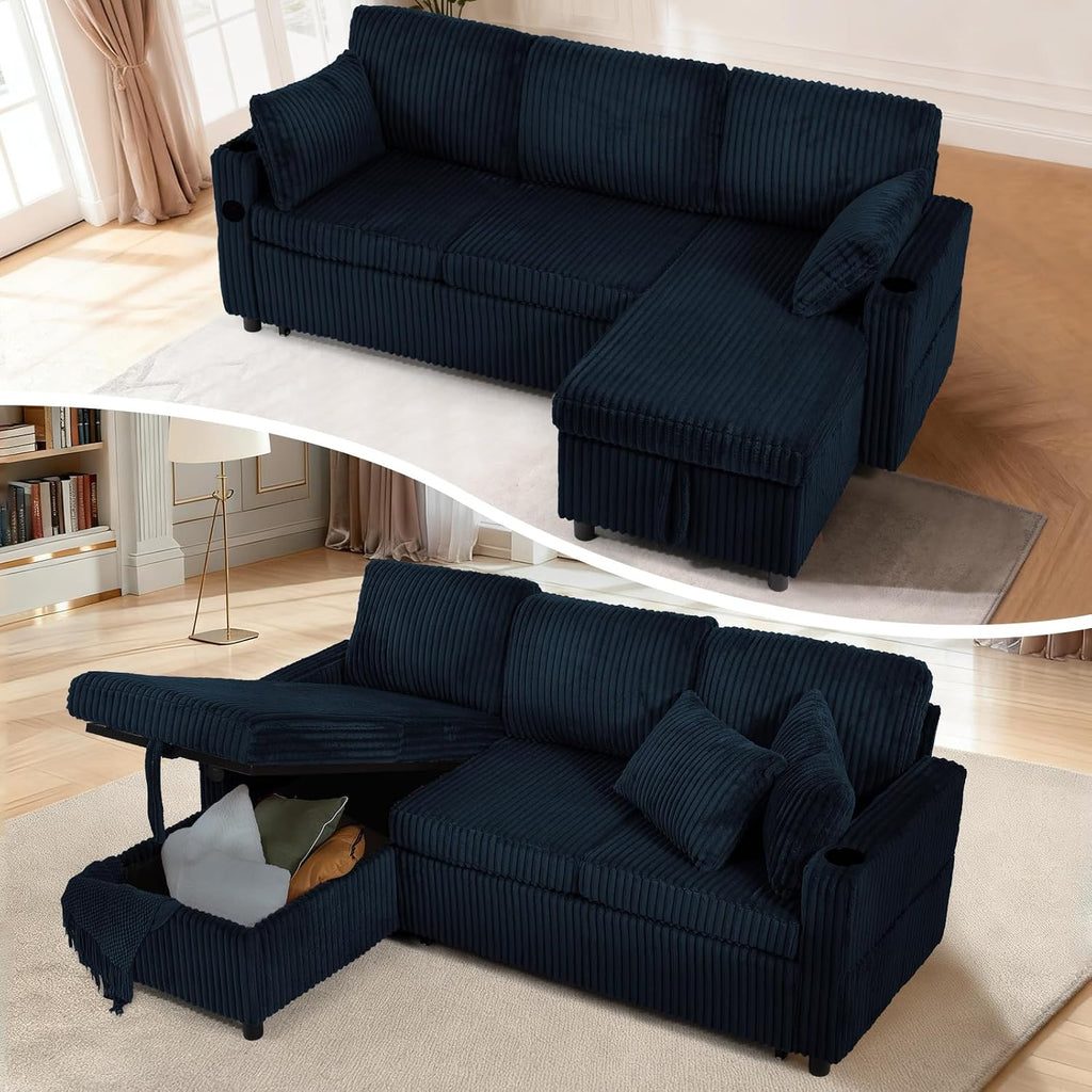 84' Corduroy Pull Out Sofa Bed w/Adjustable Backrests, Sectional L-Shape Sleeper Sofa w/Storage Chaise, Convertible Couch Bed w/USB Charging Port & Cup Holders for Living Room, House, Blue