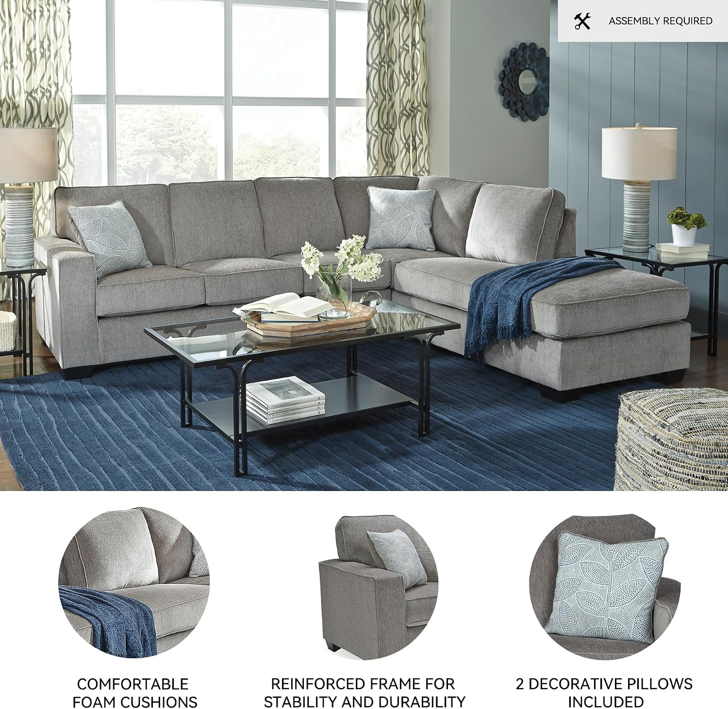 Signature Design by Ashley Altari Urban Right-Arm Facing 2-Piece Sleeper Sectional with Chaise, Loose Seat Cushions, 2 Throw Pillows and Bi-Fold Memory Foam Mattress, Full, Light Gray