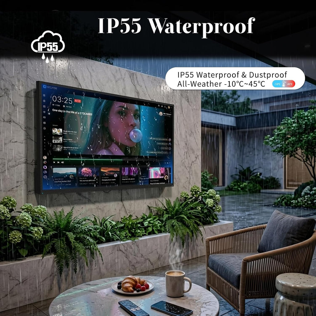 55 Inch Outdoor TV, 2000 Nits Ultra Bright 4K UHD Weatherproof Television, IP55 Waterproof Smart TV with WebOS 22 & Anti-Glare Screen for Direct Sunlight, Backyard, Poolside, Deck & Patio