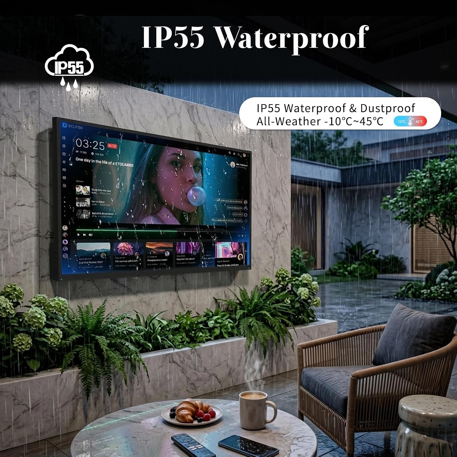 55 Inch Outdoor TV, 2000 Nits Ultra Bright 4K UHD Weatherproof Television, IP55 Waterproof Smart TV with WebOS 22 & Anti-Glare Screen for Direct Sunlight, Backyard, Poolside, Deck & Patio