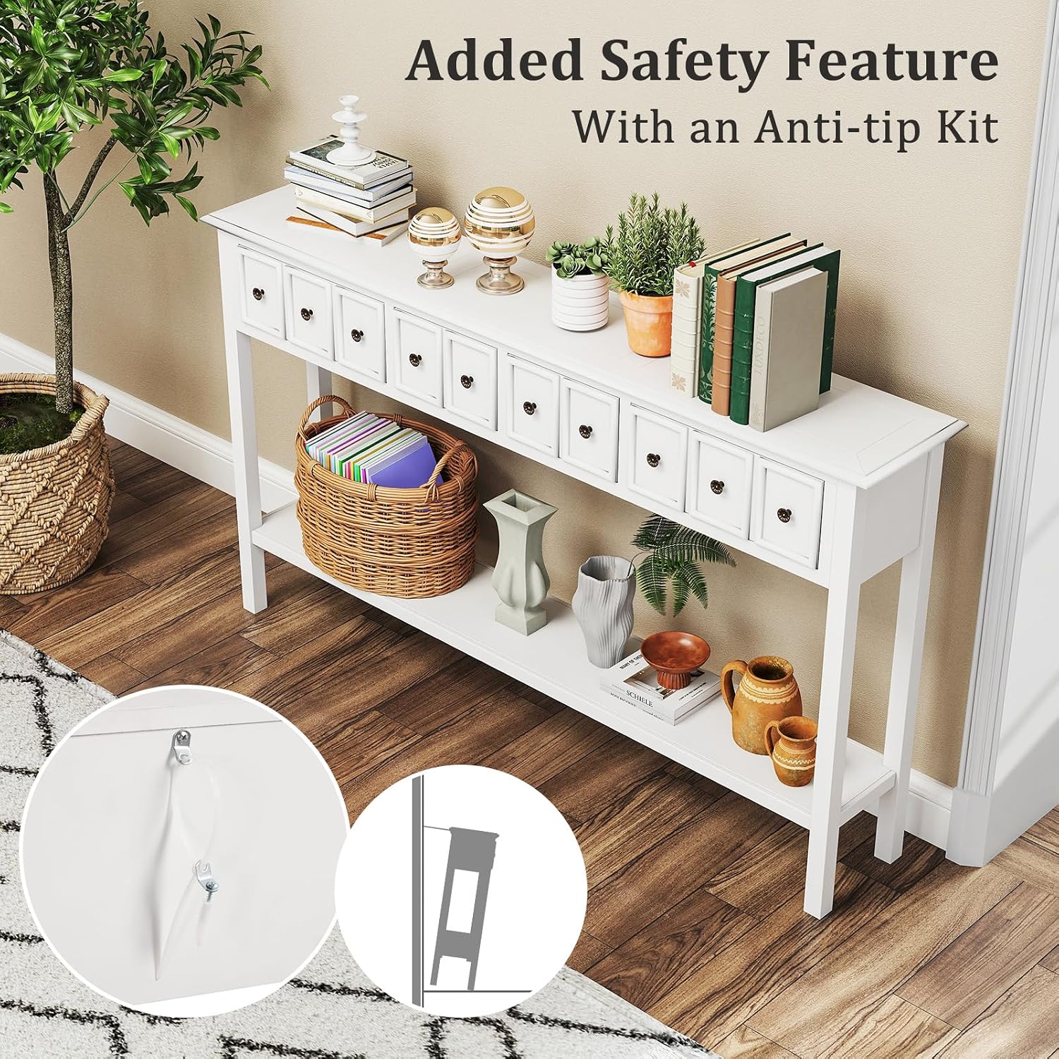 Giantex 60' Entryway Table, Long Narrow Console Table with 4 Drawers and Open Storage Shelf, Modern Slim Entry Tables, Farmhouse Wooden Sofa Tables with Anti-Tip Kit for Living Room, Hallway (White)