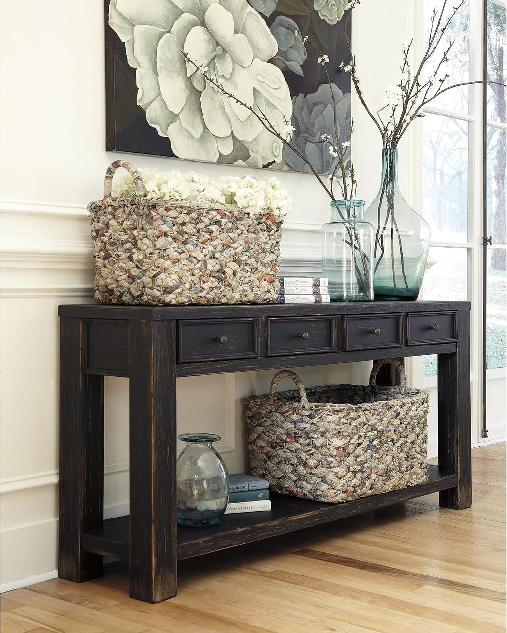 Signature Design by Ashley Gavelston Sofa Table, Couch Table with Drawers & Shelf, Hand-Finished Wood Console for Living Room or Entryway, Weathered Black